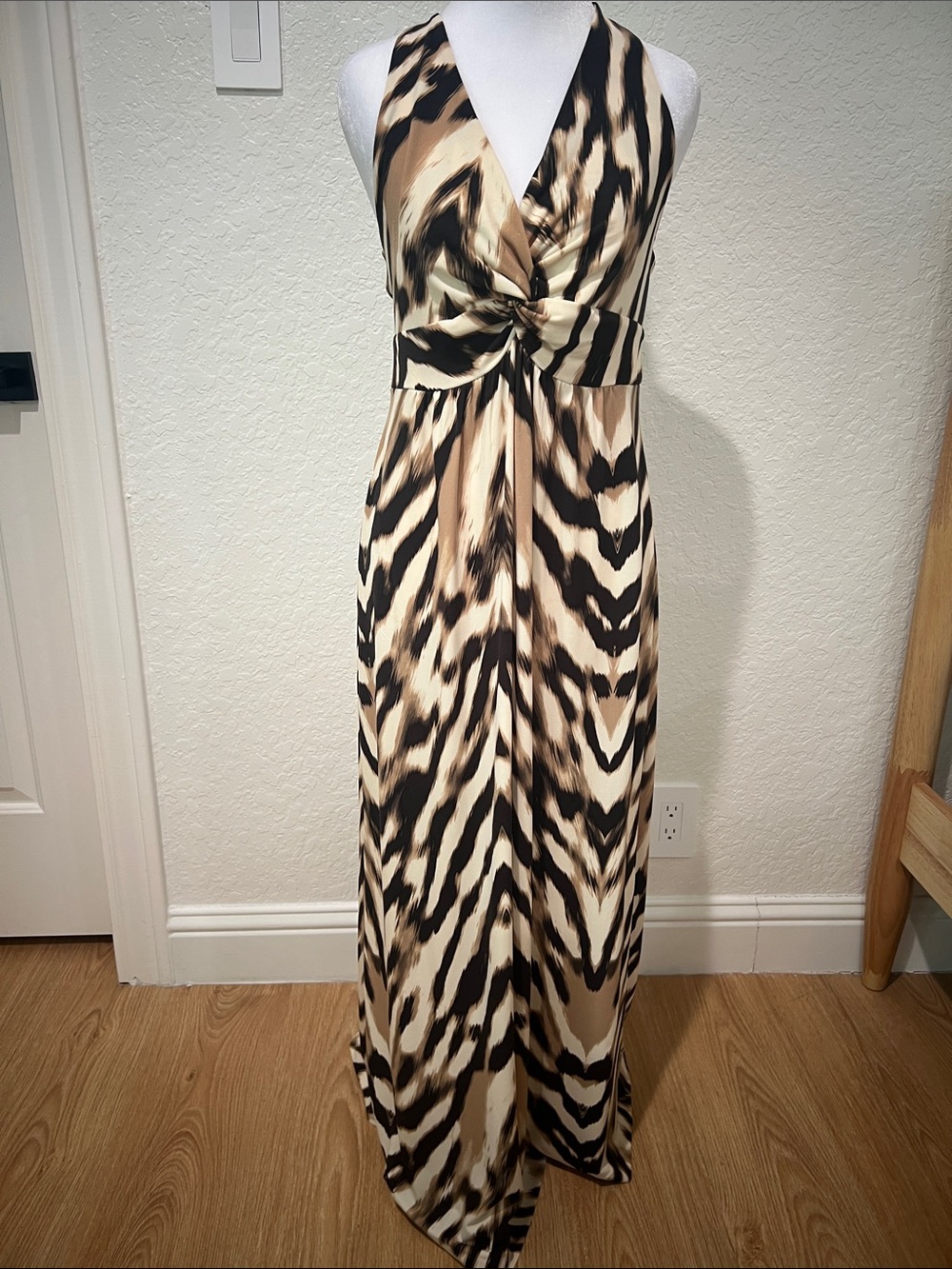 New York & Company Beige and Black Animal-Print Halter Maxi Dress